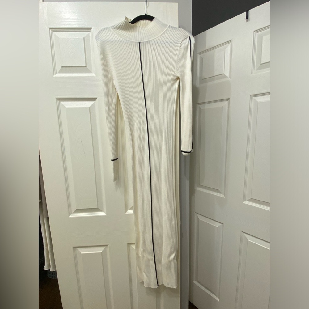 Zara Cream Ribbed Midi Dress with Black Piping